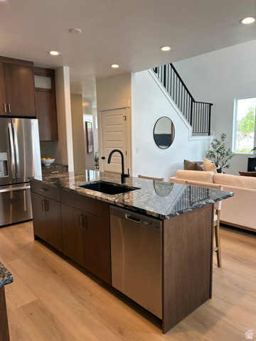 2011 West 1150 South, Unit 1042 Payson, UT 84651 - Photo 18 of 39 Photos are of model home.Kitchen island featuring a black sink, integrated stainless steel dishwasher, and a dark granite countertop