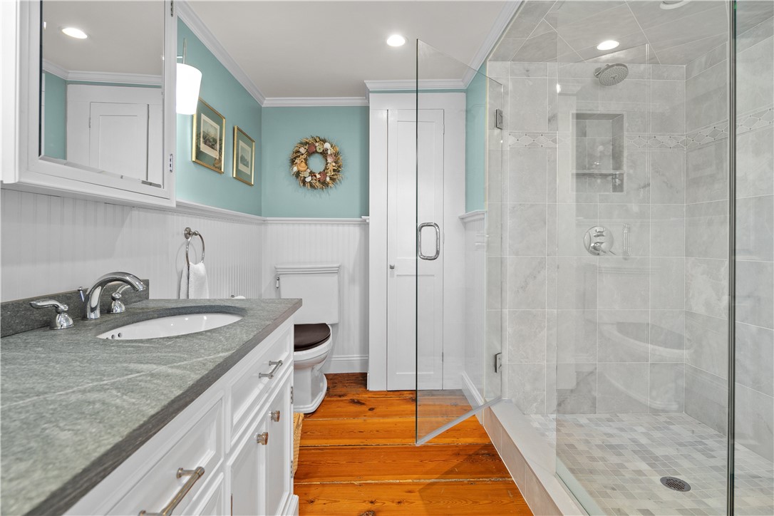 70 Mill Street Newport, RI 02840 - Photo 30 of 50 Large new walk-in shower with teak bench (not pictured) to the right and linen closet to the left.