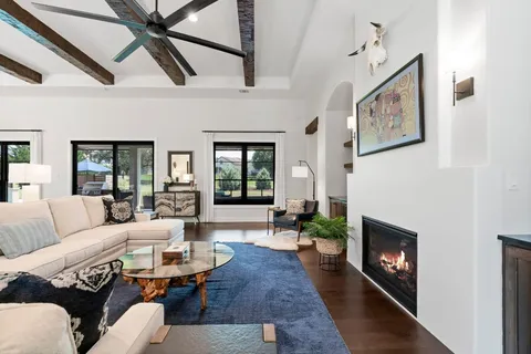 a living room with furniture and a potted plant