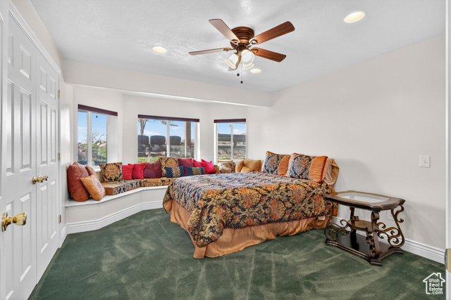 4768 East Hickman Canyon Road Stockton, UT 84071 - Photo 47 of 85 Basement bedroom featuring a closet, dark carpet, a ceiling fan, and recessed lighting.