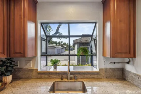 a kitchen with a sink and potted plant