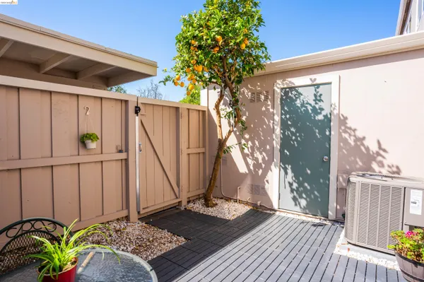 a view of a backyard with a wooden fence