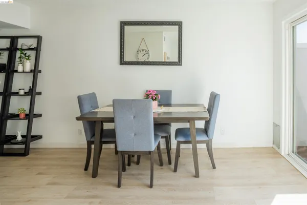 a view of a dining room with furniture