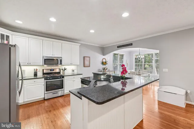 a kitchen with stainless steel appliances granite countertop a sink dishwasher and a refrigerator with wooden floor