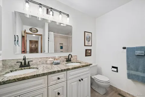 a bathroom with a granite countertop toilet sink and mirror