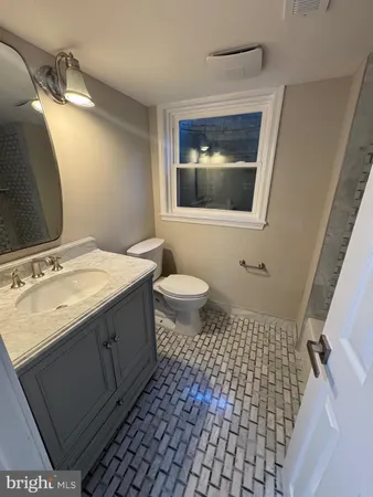 a bathroom with a sink a toilet and mirror