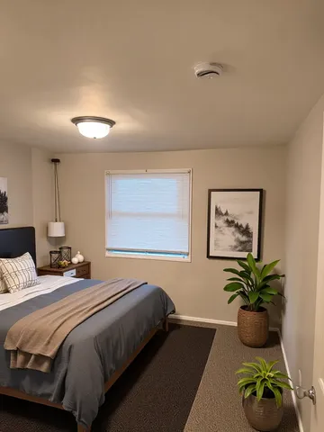 a bedroom with bed and a potted plant