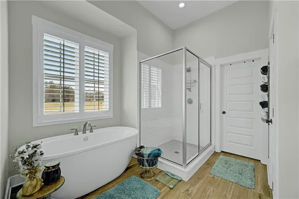 a bathroom with a bathtub and a shower