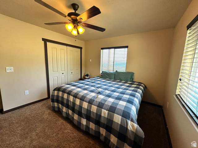 12 Crook Street Fish Haven, ID 83287 - Photo 25 of 35 Bedroom featuring ceiling fan, dark colored carpet, and a closet