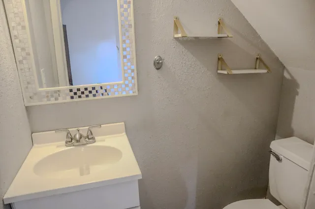 a bathroom with a sink and mirror with toilet