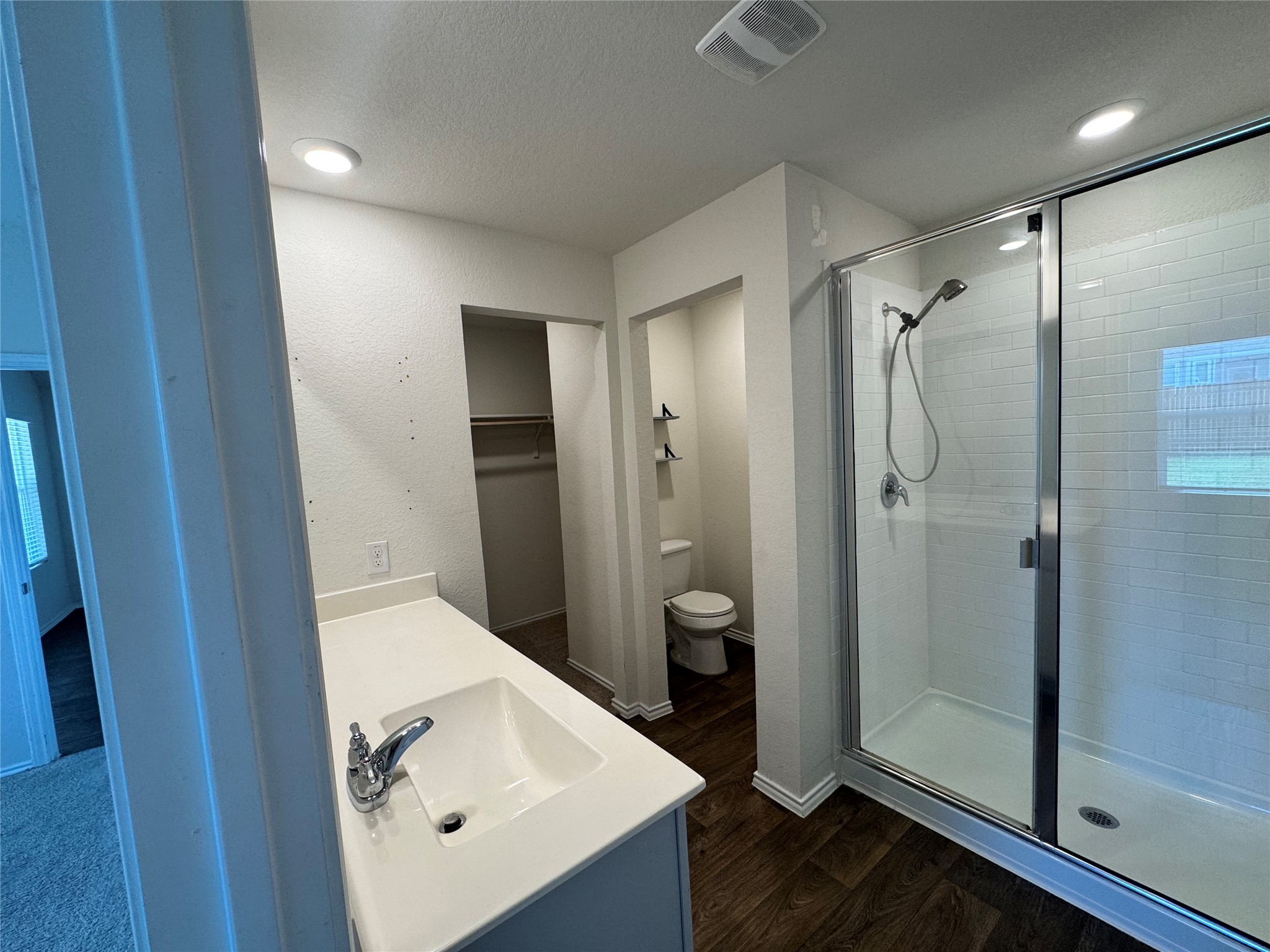 11820 Rush Lane Elgin, TX 78621 - Photo 15 of 31 A well-appointed primary bathroom showcases a sleek shower enclosure and convenient vanity space.