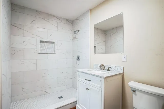 a bathroom with a sink toilet vanity and shower