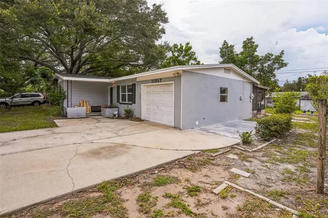 a view of a white house with a yard and large tree