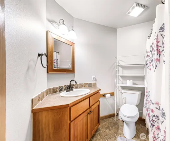 a bathroom with a toilet sink vanity and mirror