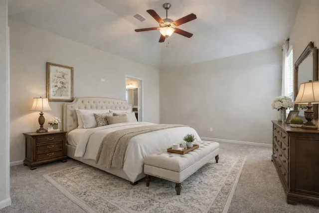 a spacious bedroom with a bed and a chandelier
