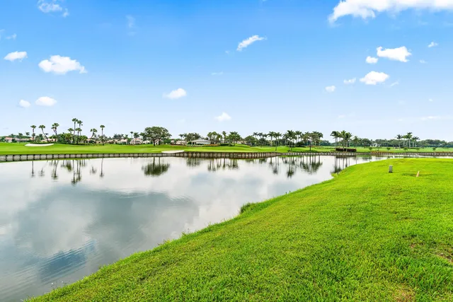 a view of a lake with houses in the background