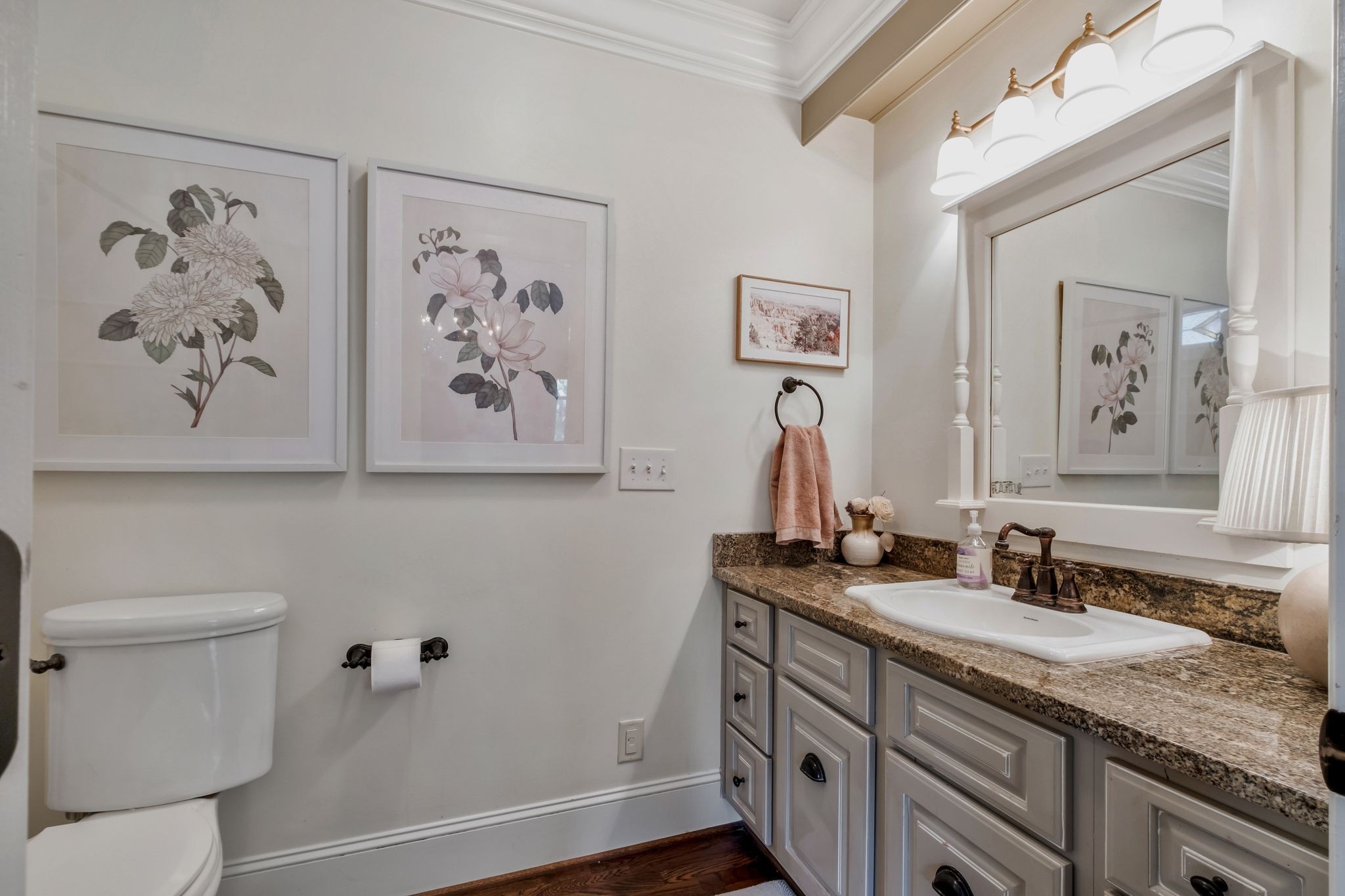 5468 Parker Branch Road Franklin, TN 37064 - Photo 51 of 99 a bathroom with a granite countertop sink a toilet and a mirror