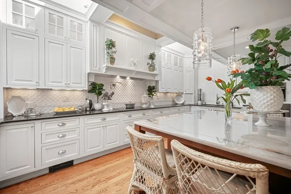 a kitchen with granite countertop a sink a white cabinets and potted plant