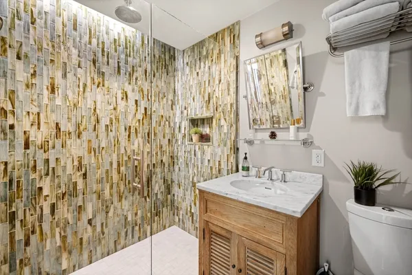 a bathroom with a granite countertop sink a toilet and shower curtain