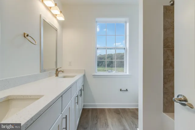 a bathroom with a sink a vanity and a large mirror