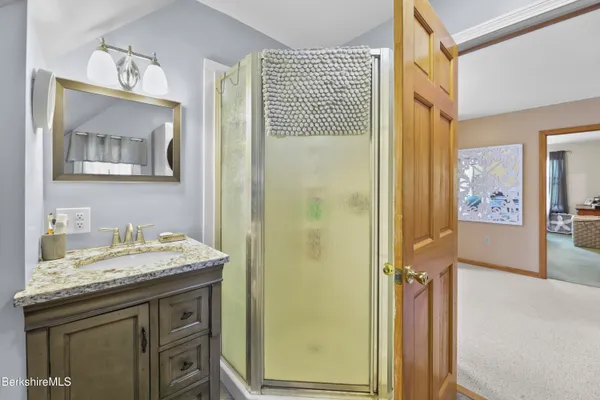 a bathroom with a sink a mirror and a shower