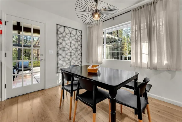 a view of a dining room with furniture window and wooden floor