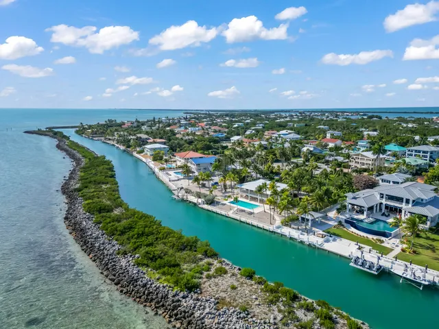 an aerial view of a city with lots of residential buildings ocean and mountain view in back