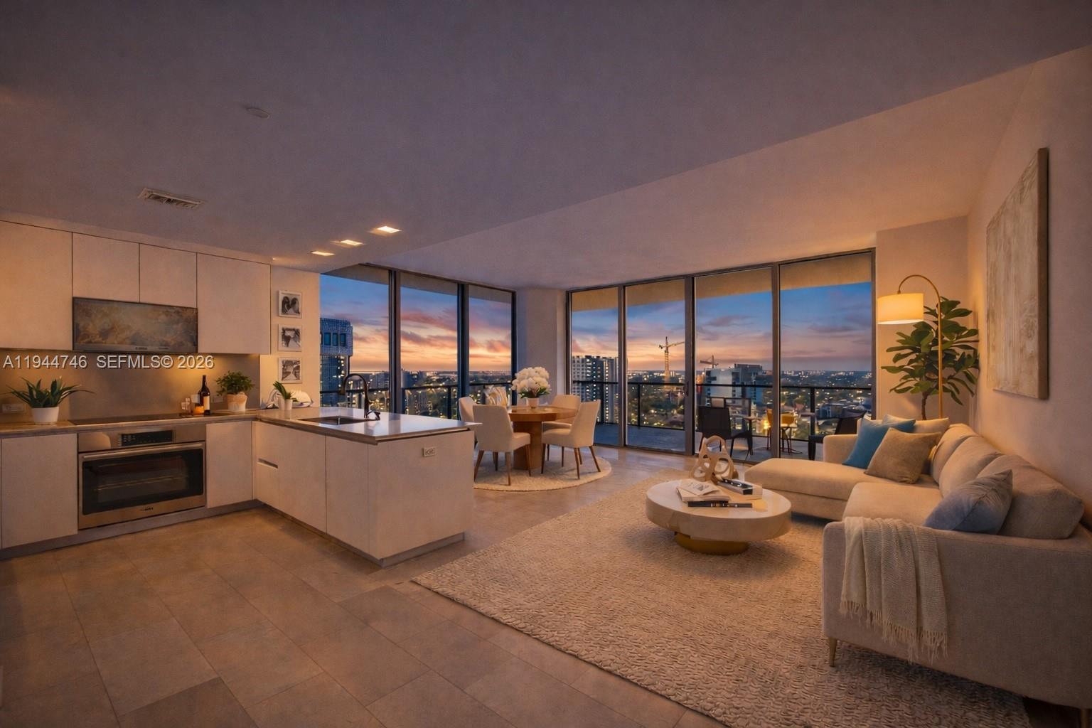 88 Southwest 7th Street, Unit 2302 Miami, FL 33130 - Photo 3 of 43 a living room with furniture and a kitchen counter top oven