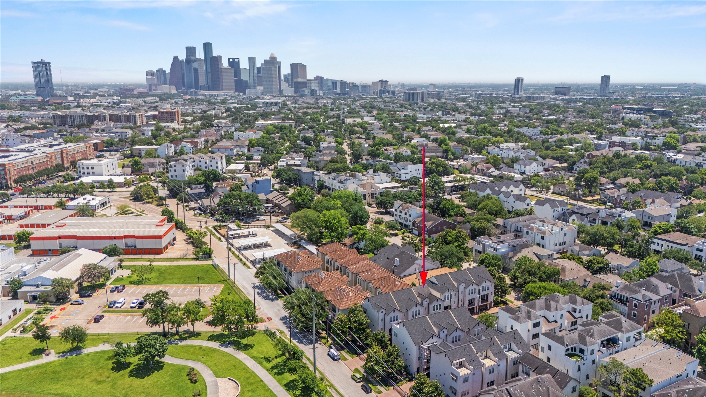 1537 Haddon Street Houston, TX 77006 - Photo 37 of 48 The red arrow points to the property and please view of downtown skyline, and also the public park across the street and the generous amount of street parking available. This unique home offers a blend of suburban tranquility and urban convenience.