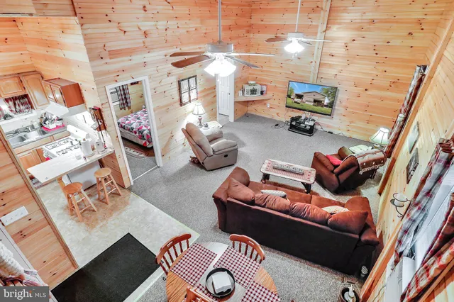 a living room with furniture and a rug