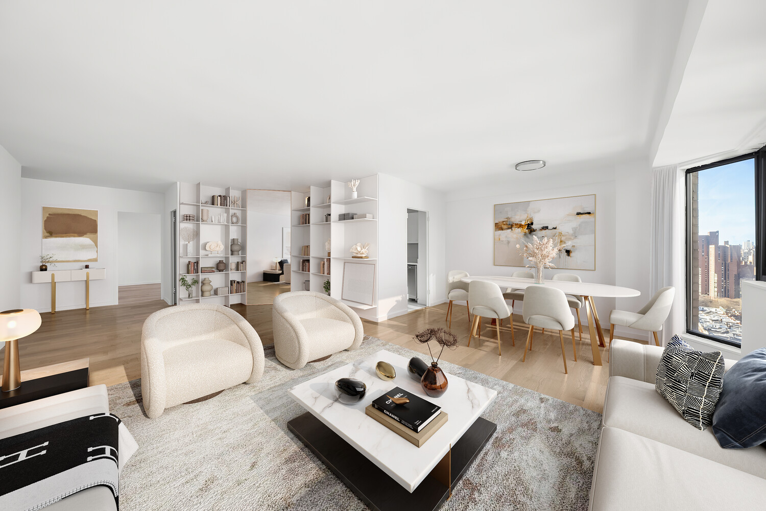 a living room with furniture a rug and a table