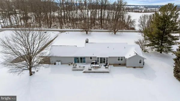 a view of patio with a table and chairs under an umbrella with large trees