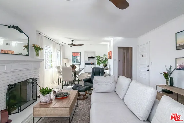 a living room with furniture potted plant and a fireplace