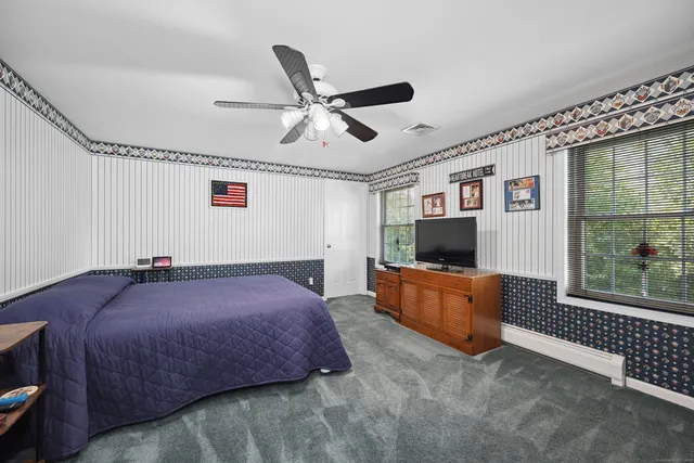 a bed room with a bed and a television