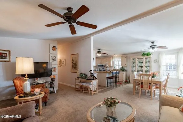 a view of a dining room with furniture