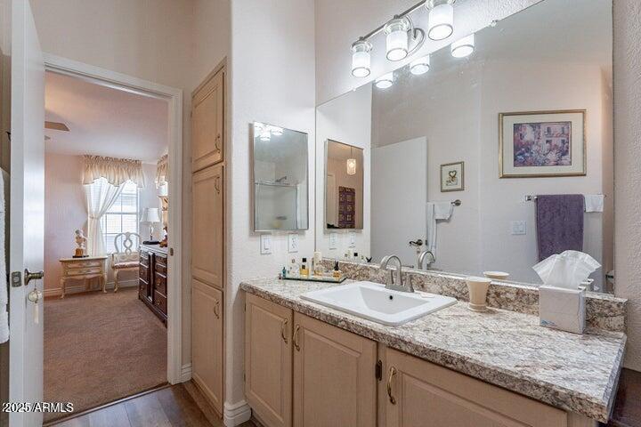 201 South Greenfield Road, Unit 176 Mesa, AZ 85206 - Photo 38 of 61 a bathroom with a granite countertop double vanity sink and a mirror