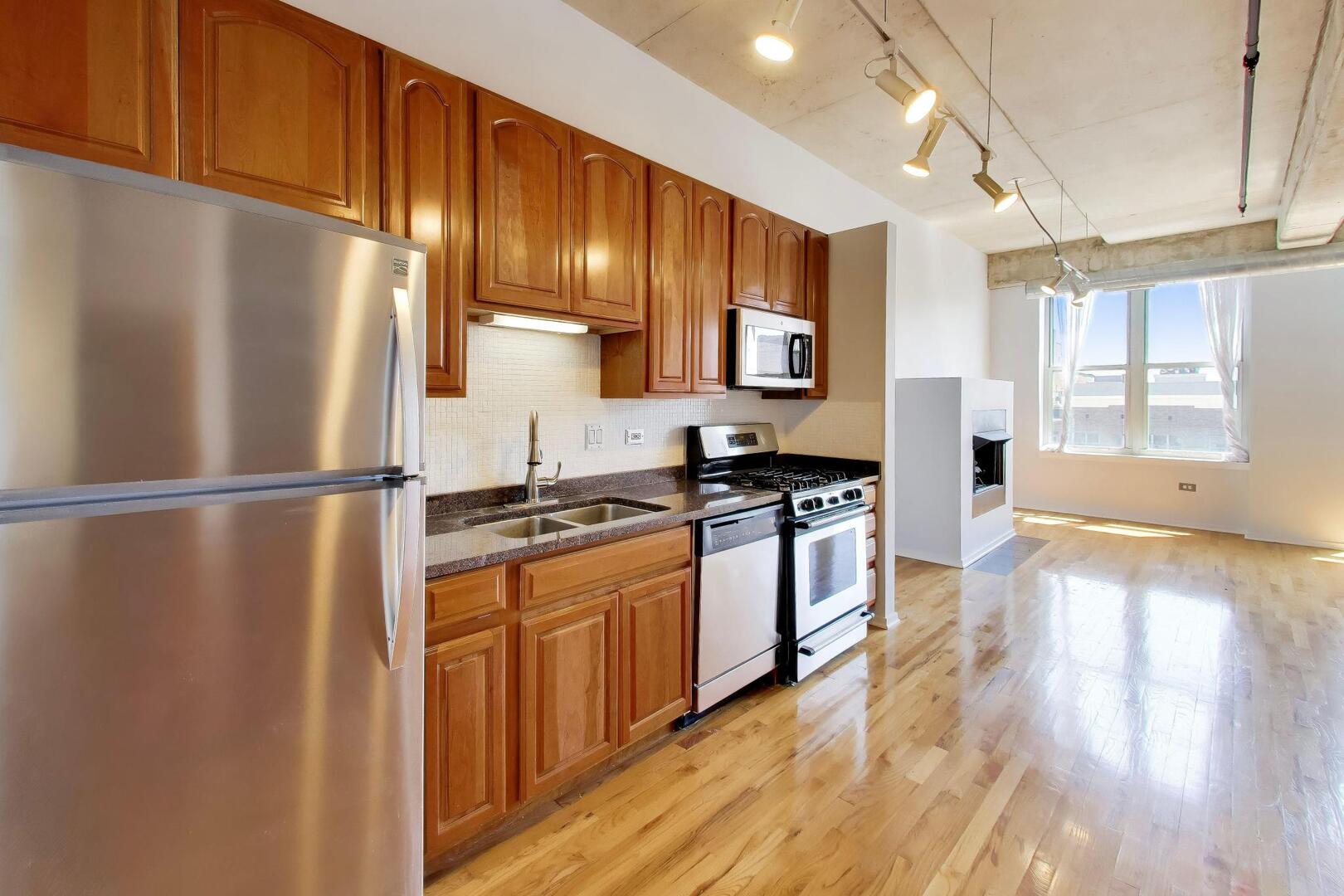 6 South Laflin Street, Unit 923 Chicago, IL 60607 - Photo 10 of 24 a kitchen with stainless steel appliances granite countertop a refrigerator a sink dishwasher a stove with wooden floor