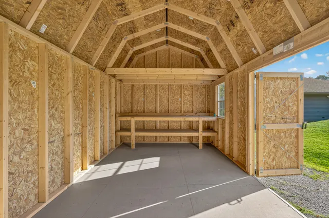 a view of a room with racks on the wall