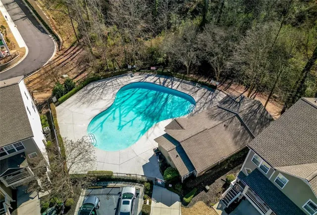 an aerial view of a backyard