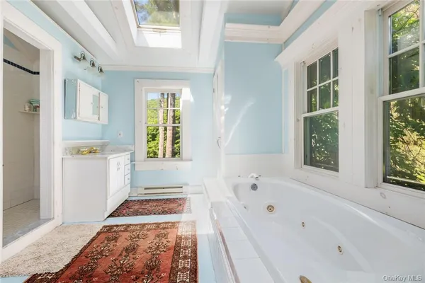 a bathroom with a bathtub and a shower