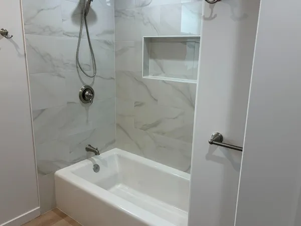 a bathroom with a bathtub