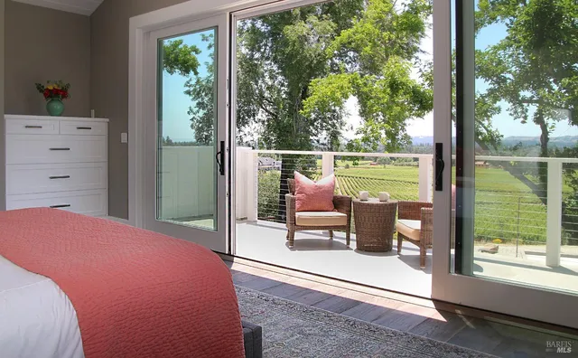 a bedroom with a bed and a view of balcony