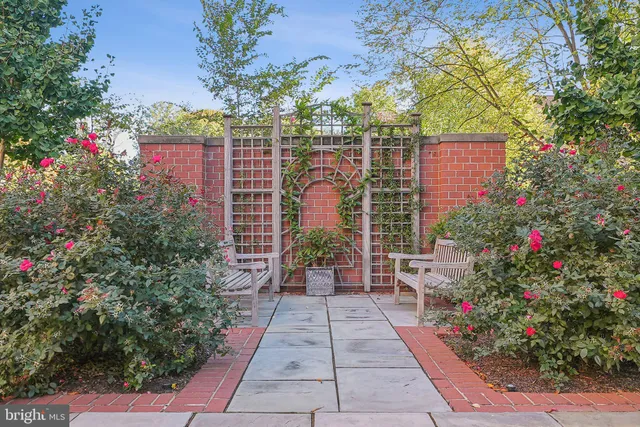 a view of a pathway with flower garden