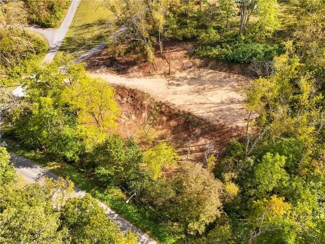 an aerial view of residential houses with outdoor space and trees