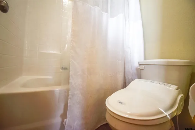 a bathroom with a toilet and bathtub