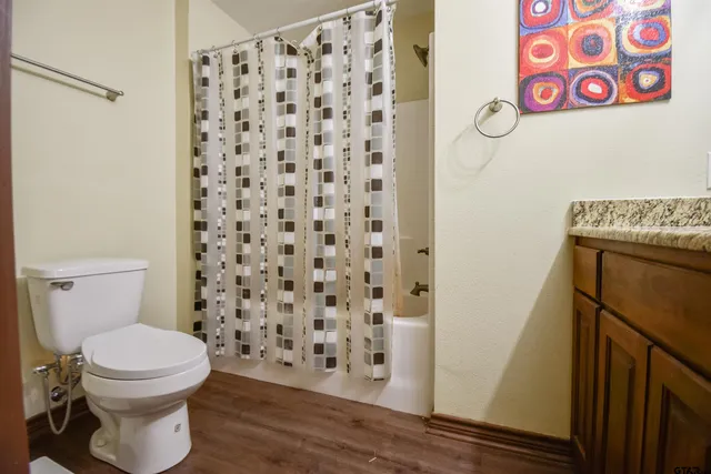 a bathroom with a toilet and a shower curtain
