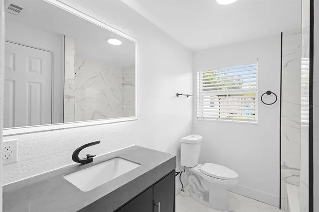 a bathroom with a granite countertop toilet sink and mirror