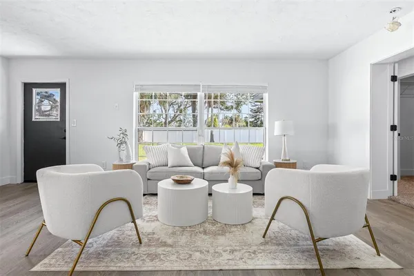 a living room with furniture rug and window