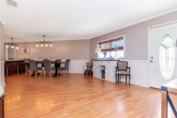 a view of a dining room with furniture