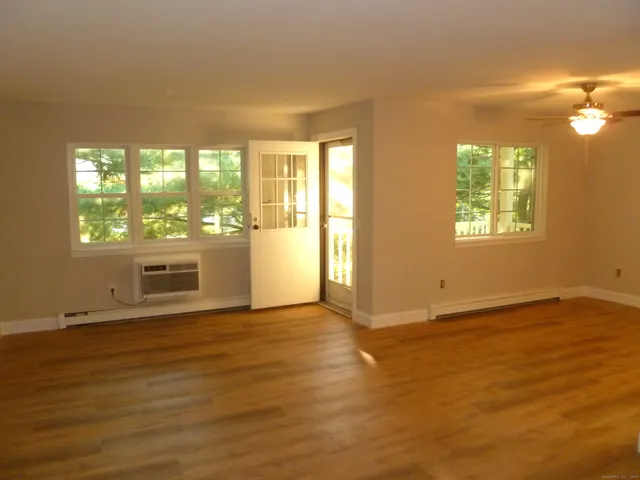 a view of wooden floor and windows in a room